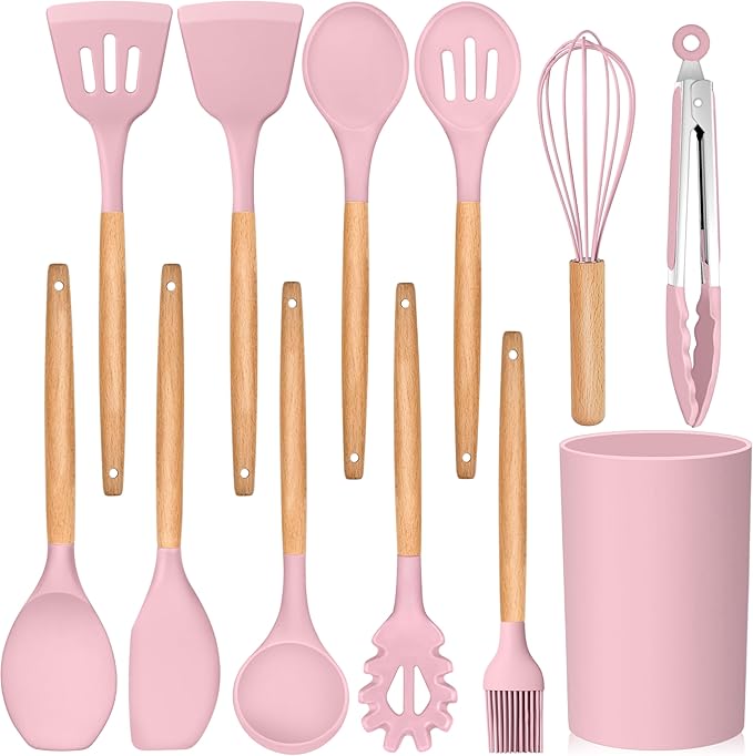 E-far Kitchen Utensils Set of 12, Silicone Cooking Utensils with Holder, Non-stick Cookware Friendly & Heat Resistant, Includes Spatula Tong Whisk Ladle Brush Slotted Turner Spoon(Pink)