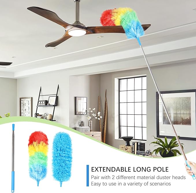 Rainbow Extendable Static Duster Reusable Microfiber Duster with 100" Telescoping Pole, Beandable and Washable Dusters Head for Cleaning Ceiling, Fan