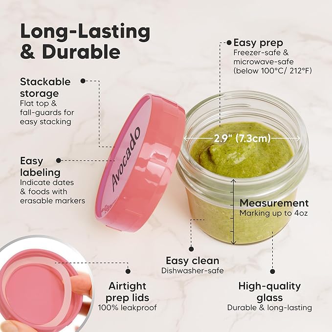 KeaBabies 12pk 4oz Glass Baby Food Containers with Lids - Leak-Proof, Microwavable Small Glass Jars, Baby Purees & Toddler Snack Storage Containers, BPA-Free, Dishwasher & Freezer Safe (Nord)