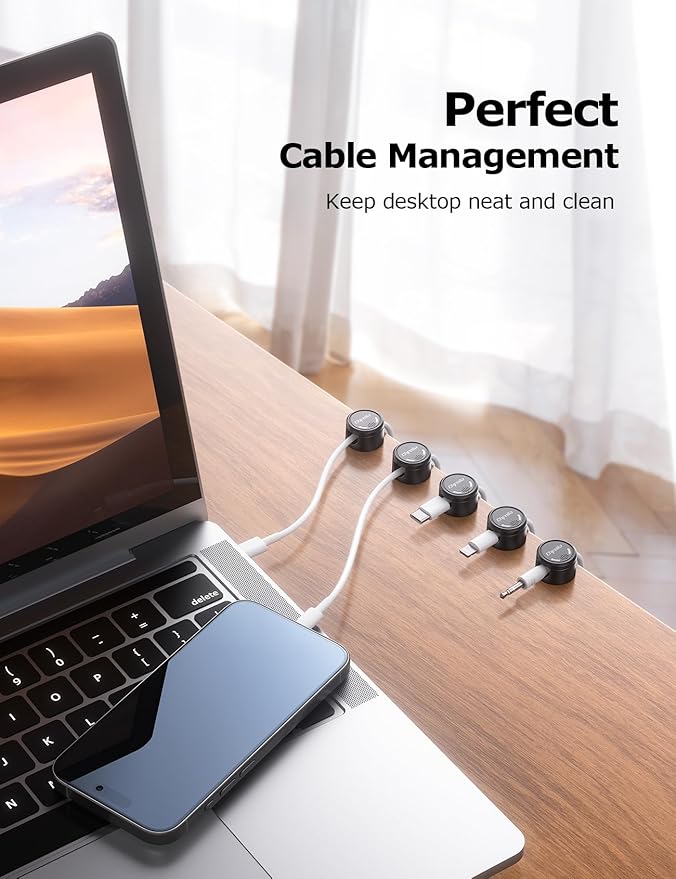 16Pack Cord Organizer, Chfeila [360°Rotating Twist-Lock] Magnetic Cable Management Clips, Adhesive Phone Charging Keeper Wire Cord Holder for Nightstand/Car/Wall, Office Desk Accessories Decor (Black)