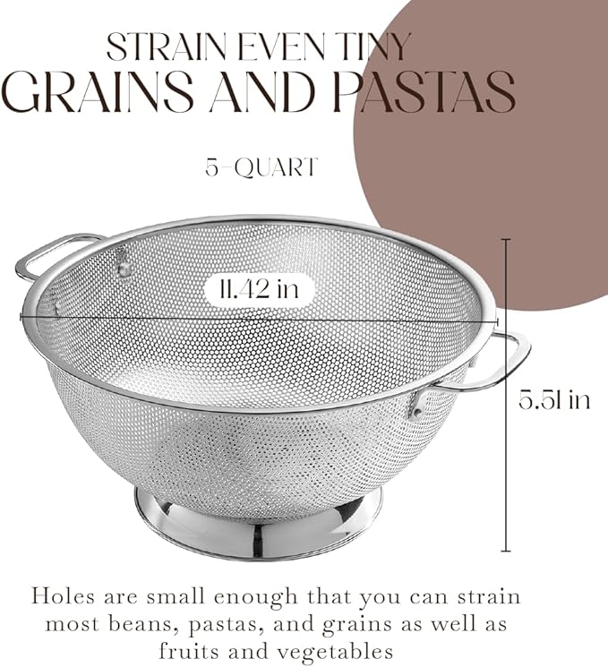Bellemain Colander for Kitchen – 5 Qt Stainless Steel Strainer with Handle - 18/8 Pasta Strainer Bowl for Pasta, Spaghetti, Vegetables, Fruit