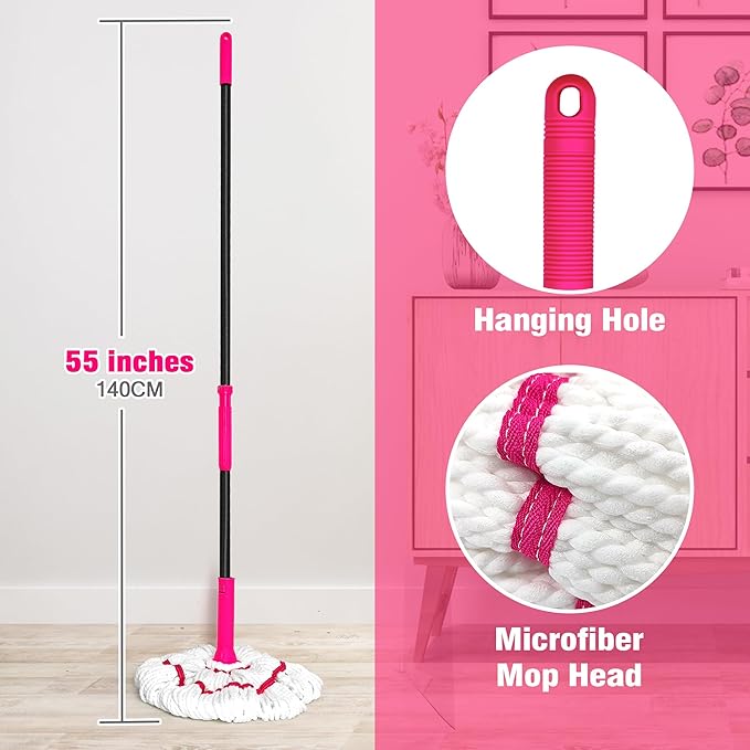 Self Wringing Twist Mop for Floor Cleaning, Upgraded 18-inch Wide Microfiber Mops, 55 Inches Long Handle Wet Dry Kitchen Easy Squeeze String Mop for Wood, Hardwood, Tile, Marble (red)