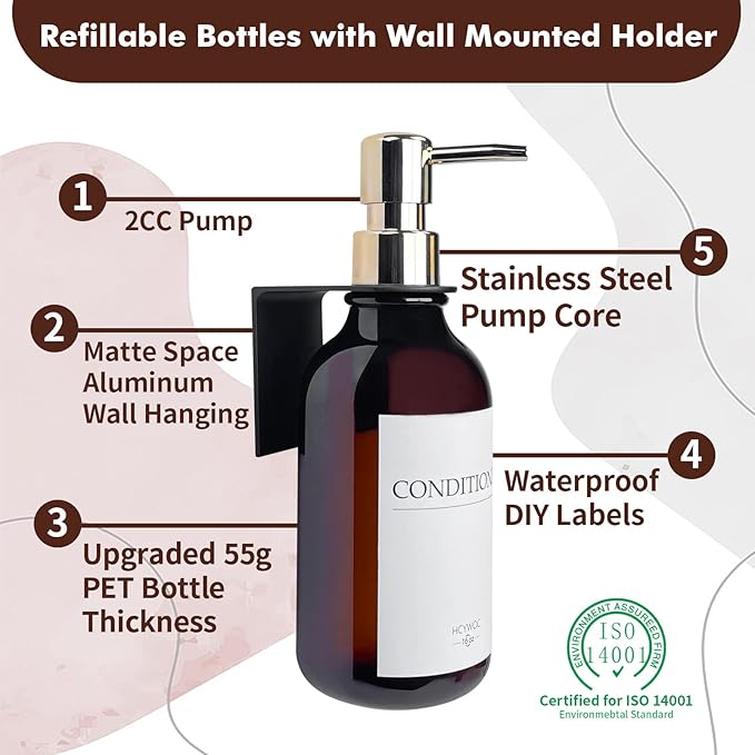 Shampoo Dispenser for Shower Wall, Shampoo and Conditioner Dispenser with 16 Waterproof Labels, No Drill Shower Soap Dispenser Bathroom, Shower Soap Dispenser Wall Mounted,17oz, 3 Pack, Gold Amber