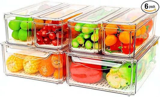 ZIJUND 6 Pack Fridge Organizer, Stackable Refrigerator Organizer Bins with Lids, BPA-Free Fridge Organizers and Storage Containers for Fruit, Vegetable, Food, Drinks, Cereals, Clear