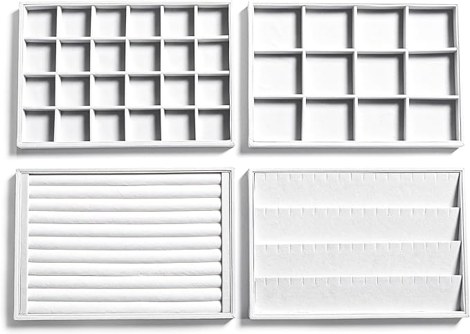 Frebeauty Stackable Velvet Jewelry Organizer Trays for Drawers Inserts Jewelry Storage Tray Display Case, Stud Earrings Bracelets Necklace Rings Accessories Trays for Women(Set of 4)(White)