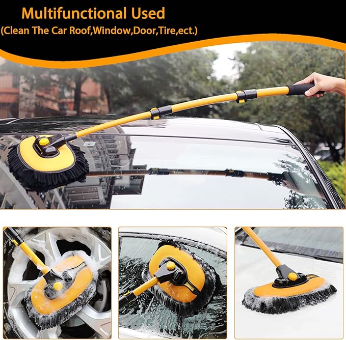 15° Curved Car Cleaning Brush with Telescopic Handle 43" Aluminum Alloy Long Rod Wash Mop For Washing Caravan Van Truck Boat RV Roof Soft Chenille Head Duster Clean Product Not Hurt Paint Scratch Free