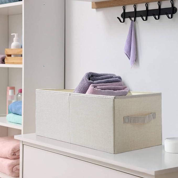 3 Pack Linen Storage Baskets with Handle, Beige