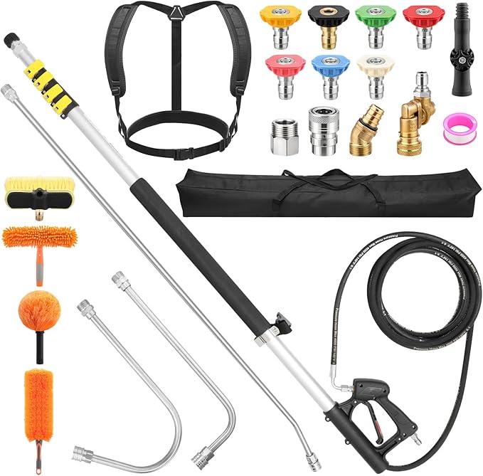 24 FT Telescoping Pressure Washer Wand with 4 Dusters for House Cleaning, 4500PSI Gutter Cleaning Tools with 3 Pcs Curve Wands & Adjustable Support Belt & 7 Pcs Nozzles