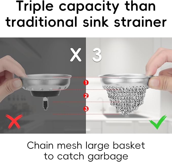 wokdada Kitchen Sink Strainer (1-Set Silver): with Adapter, Flexible Insert Chain Mesh Screen. 304 Stainless Steel, Clog-Free Catcher for Universal Sizes (Garbage Disposal)