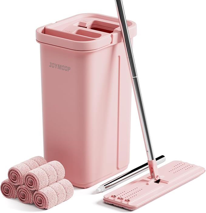 JOYMOOP Pink Mop and Bucket with Wringer Set for Home, with 5 Reusable Microfiber Mop Pads, Hands-Free Self-Cleaning System, Suitable for Floor Cleaning and Wall Cleaner