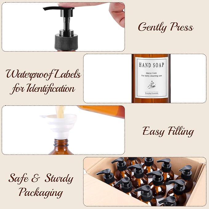 12 Pack Amber Glass Bottles 8oz with Pump Dispensers, Refillable Empty Pump Bottles for Bathroom, Kitchen, Shampoo, Soap, Lotion – Includes 2 Funnels & 12 Labels