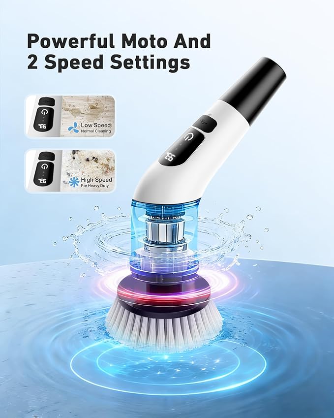 Powerful Electric Spin Scrubber, Cordless Cleaning Brush, Shower Scrubber,90-Min Extended Runtime, Telescopic Long Handle, 8 Replaceable Heads, 2 Speeds for Bathroom, Bathtub, Floor & Glass