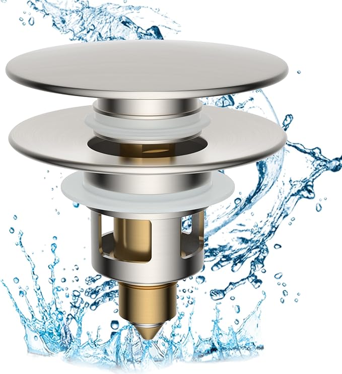 Hibbent All Metal 2 in 1 Bathroom Sink Stopper, Universal Pop Up Drain Strainer, Brass Bullet Core Push Type Sink Stopper for 1.1''~2.3'' Basin, Big Push Button, Anti Clogging Filter, Brushed Nickel