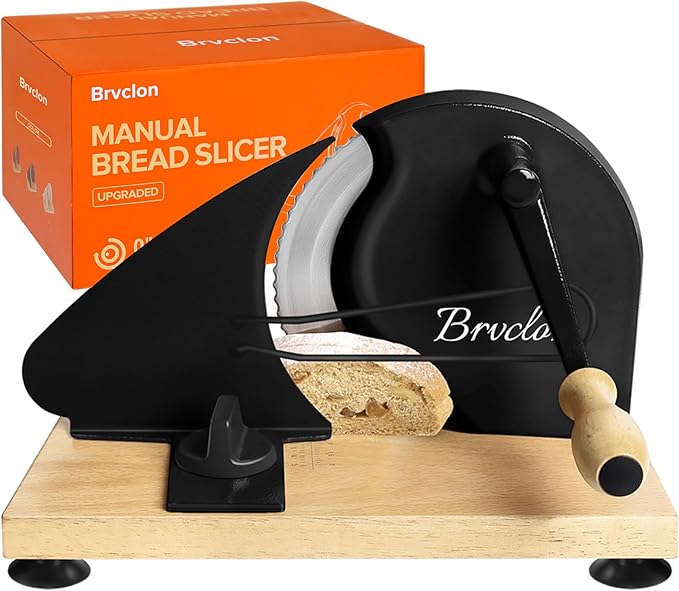 Brvclon Manual Bread Slicer Adjustable Thickness, Hand Crank Bread Slicer for Homemade Sourdough Bread with Scale Line & Suction Cup & Metal Guide,Quality Solid Wood Base & Gift-Level Packaging