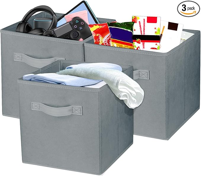 3 Pcs Storage Cubes, 10.5 Inch Collapsible Storage Bins, Fabric Foldable Bins for Organization, Durable Storage Bins for Closet, Shelves, Offices (Grey)