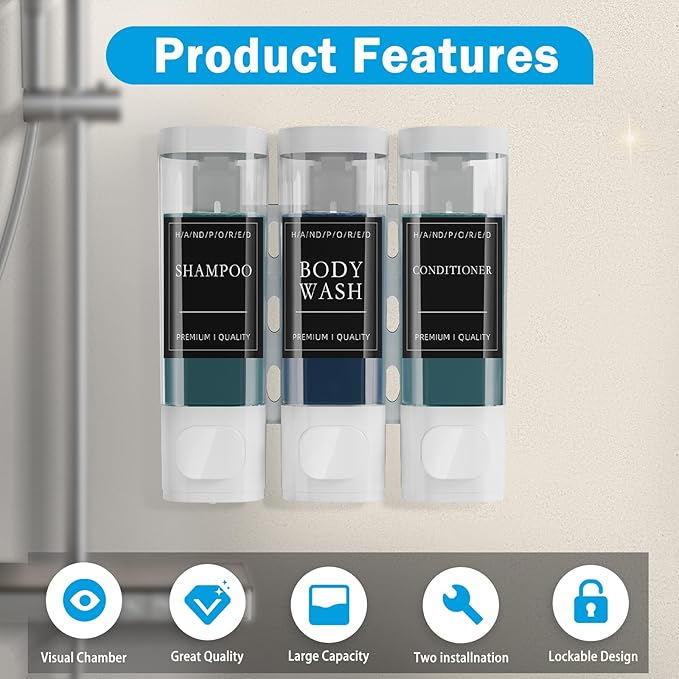 Shampoo and Conditioner Dispenser, Shower Shampoo Dispenser 3 Chamber No Drill, Shampoo and Conditioner Bottles for Bathroom Hotel Large Capacity(White)