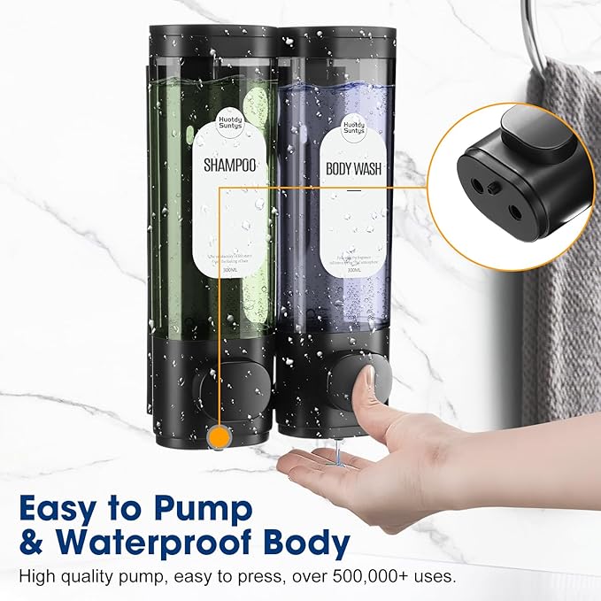 2-Chamber Shampoo and Conditioner Dispenser Shower Soap Dispenser 2 Chamber No Drill,Shower Soap Dispenser Wall Mounted, HUOTDY SUNTYS Body Wash Dispenser Set for Bathroom Toilet Hotel Kitchen (BLACK)
