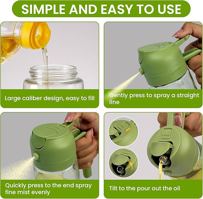 Oil Dispenser, 2 In 1 Cooking Oil Sprayer and Pourer, Non-Drip Spout for Kitchen Oil, Air Fryer, Salad, Grill, 16oz/470ml with clearning brush (Green Cap, Clear Bottle)