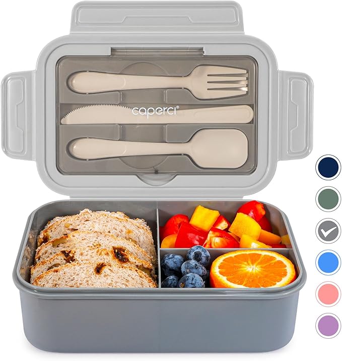 Caperci Classic Bento Box Adult Lunch Box for Older Kids - Leakpoof 47 oz 3-Compartment Lunch Containers for Adults and Teens, Built-in Utensil Set