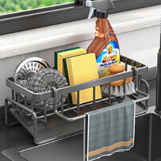 Kitchen Sink Sponge Holder, Rustproof 304 Stainless Steel Sink Caddy with Brush Holder,Kitchen Sink Organizer for Sponge,Dish Brush,Soap Dispenser,