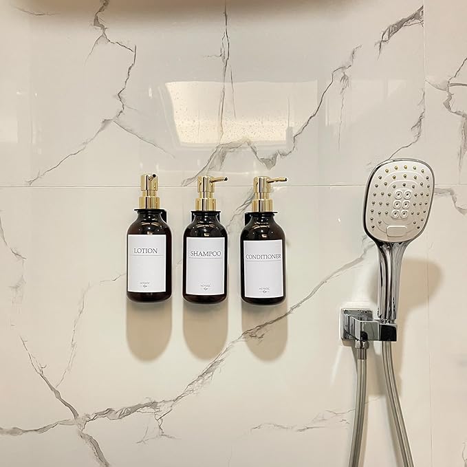Shampoo Dispenser for Shower Wall, Shampoo and Conditioner Dispenser with 16 Waterproof Labels, No Drill Shower Soap Dispenser Bathroom, Shower Soap Dispenser Wall Mounted,17oz, 3 Pack, Gold Amber