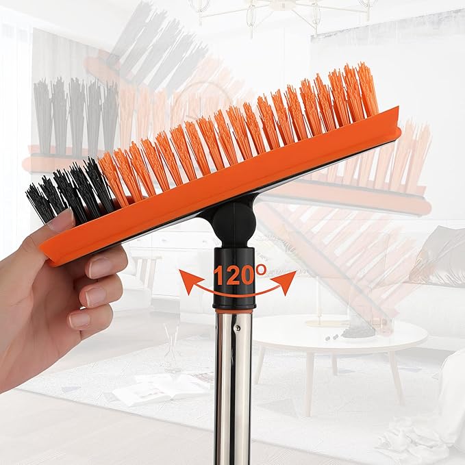 2 in 1 Floor Scrub Brush Grout Brush with 57.8" Long Handle,120°Rotatable Shower Tile Grout Cleaner Scrubber,V-Shaped Corner Brush for Hard to Reach Areas (Orange)