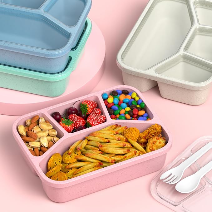 Bento Box Adult Lunch Box (4 Pack), 4-Compartment Meal Prep Container for Kids, Reusable Food Storage Containers with Transparent Lids, No BPA, Microwaveable (Wheat (Green/Blue/Pink/Beige))