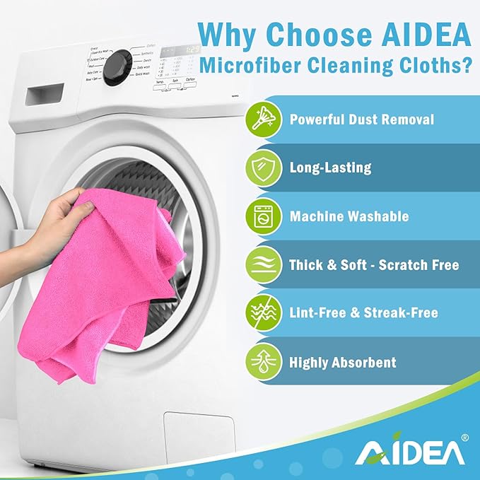 AIDEA Microfiber Cleaning Cloth-12PK, Soft Microfiber Towels for Cars, Absorbent Cleaning Rags, Lint-Free Streak-Free Wash Cloths for House, Kitchen, Window(12in.x12in), Pink