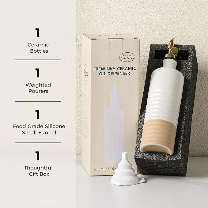 Frewinky 16.9oz Olive Oil Dispenser Bottle with Funnel, Ceramic Oil Dispenser for Kitchen, White Cooking Oil Dispenser for Storage Oil, Vinegar, Syrups & Other Liquids