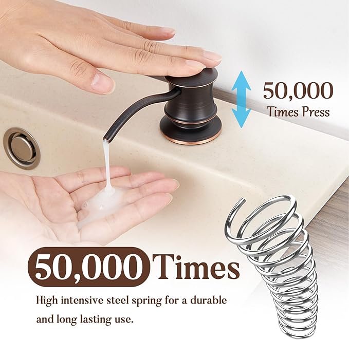 Built in Soap Dispenser for Kitchen Sink Countertop, Solid Brass Pump Head Long Spout with 10.2 Ounce PET Food Safe Material Lotion Bottle, Oil Rubber Bronze Finish