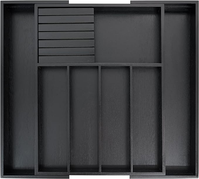 VaeFae Bamboo Silverware Drawer Organizer Kitchen, Expandable Utensil Organizer with Knife Block, Cutlery Tray with Divider, Multifunctional Drawer Organizer (Black)