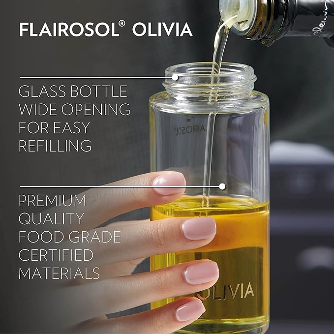 OLIVIA. The Original Advanced Oil Sprayer for Cooking, Salads, BBQs and More, Continuous Spray with Portion Control, Trusted by Chefs. Patented Technology. (Glass Bottle) (White Print)