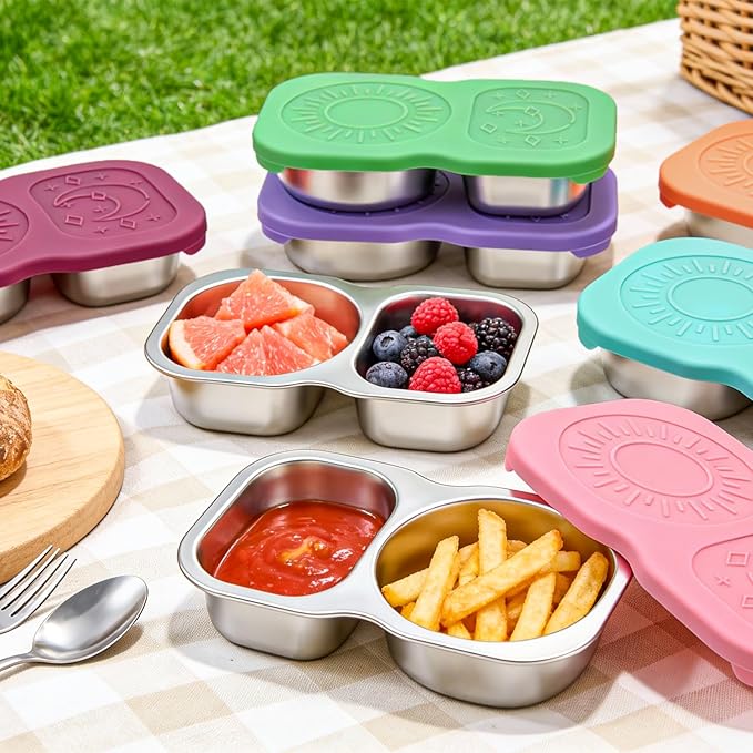 QCQHDU Snack Containers, 2-Compartment Small Stainless Steel Reusable Snack Boxes for Portion Control, Meal Prep Lunch Food Sauce Storage Lunchable Accessories Salad Dressing Containers to Go, 6 Pack