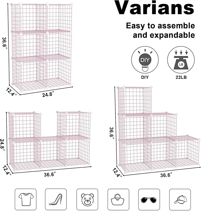 Wire Cube Storage, 6, Cube Organizer Metal C Grids, Pink UWCS3006P