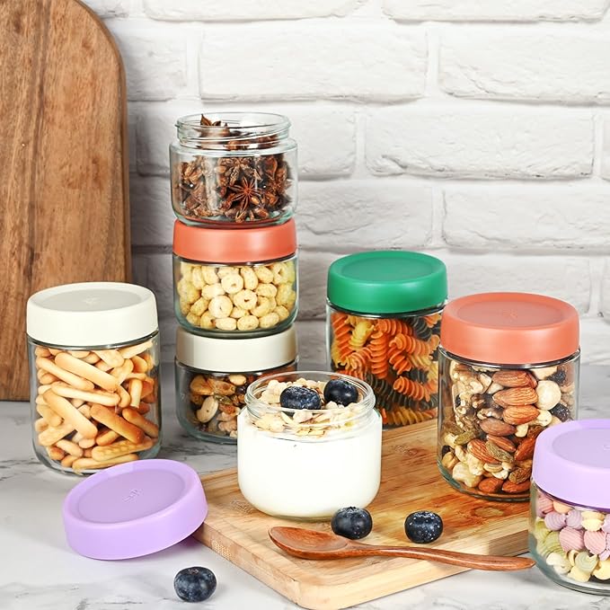 Hoa Kinh Glass Food Storage Jars with Lids, 10oz 4Pack Leak Proof Small Glass Jars for Overnight Oats, Cereal