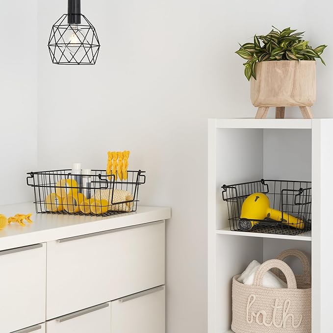 TRINITY 2-Pack Stackable Metal Wire Storage Baskets With Handles, Black, 11 Inches