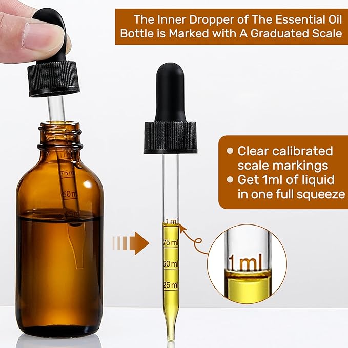 4 Pack 1 oz Glass Dropper Bottles with Measured Dropper - 30ml Dark Amber Tincture Bottles with Graduated Calibrated Glass Eye Droppers (1ml) for Essential Oils, Liquids - Leakproof Travel Bottles