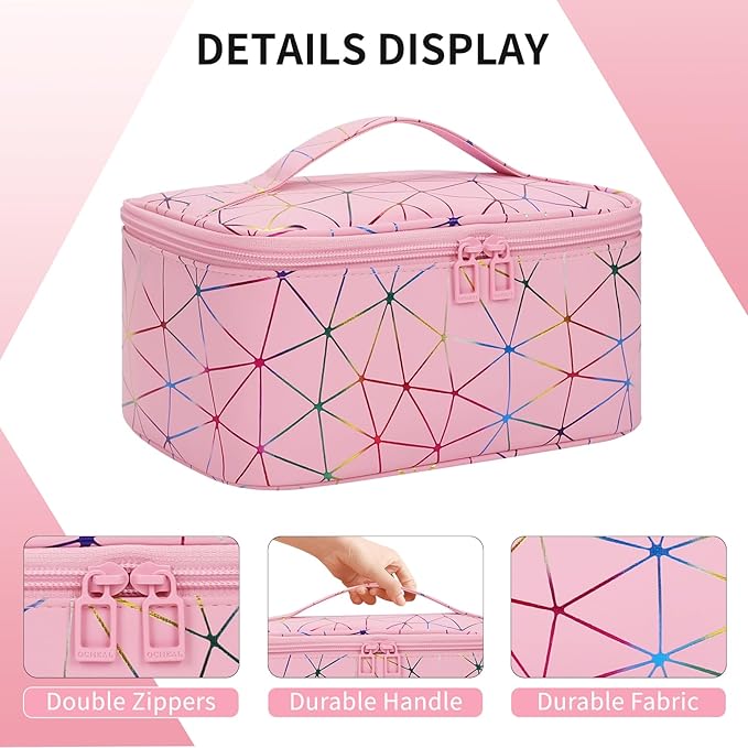 OCHEAL Makeup Bag - Portable Large Capacity Travel Cosmetic Case for Women with Handle and Divider Toiletry Organizer for Girls on the Go -Geometric Pink