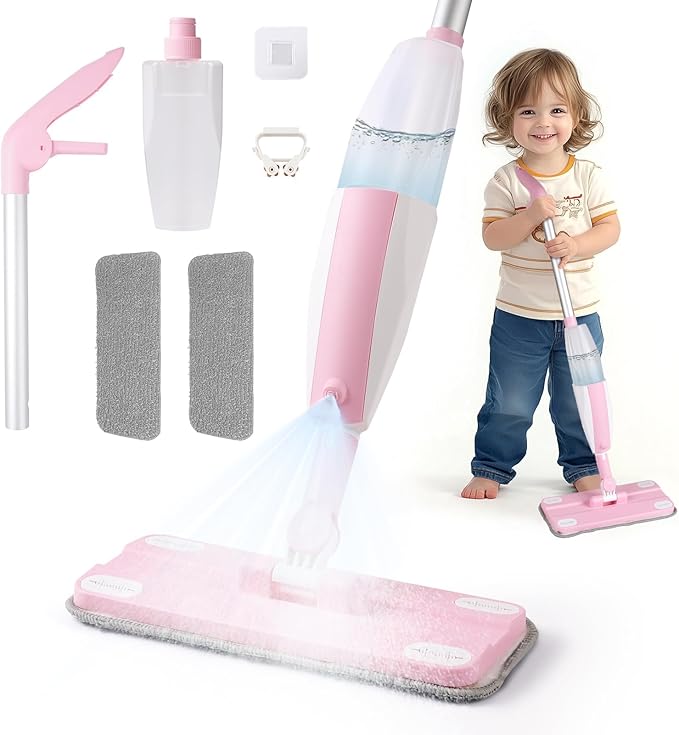 Hilsoeet Kids Spray Mop Pink, Real Working Water-Spraying Toy, Montessori Mini Mop with 2 Microfiber Washable Pads, Toddler Cleaning Set for Floor, Christmas Birthday Gifts for Age 3 4 5 6 7 8