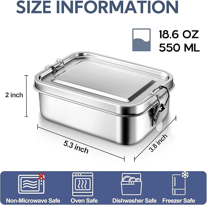 E-far Stainless Steel Bento Box, Mini 550ml Metal Lunch Box, 18.6oz Leak-Proof Food Snack Container with Lids, Reusable Meal Storage for Camping Picnic Travel Work