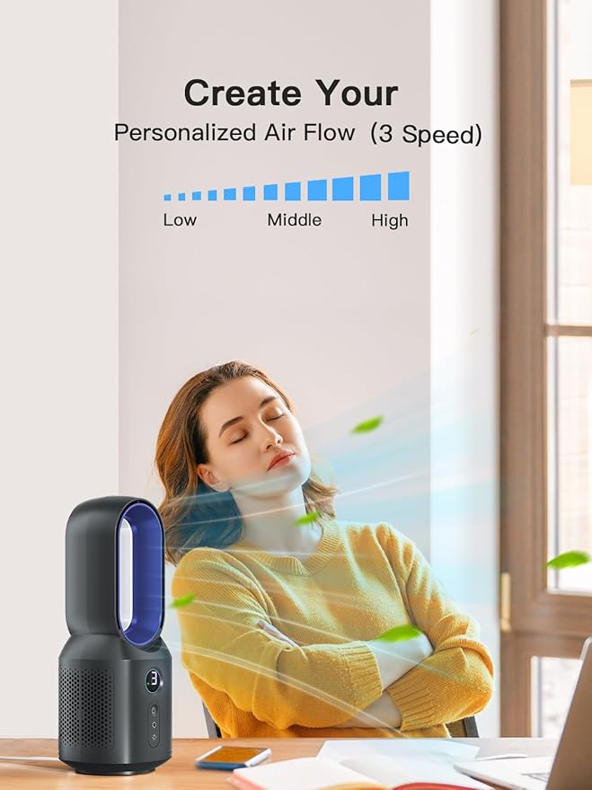 let'me 13 Inch Desk Fan Bladeless, Small Table Fan, Small Office Fan with 3 Speeds and Night Light, Quiet Desktop Fan for Personal, Bedroom, Office, Nightstand