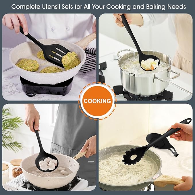 Kitchen Utensils Set, E-far 15-Piece Silicone Cooking Utensils with Holder, Non-stick Cookware Friendly & Heat Resistant, Includes Ladle Spatula Spoon Slotted Turner for Cooking & Baking (Black)