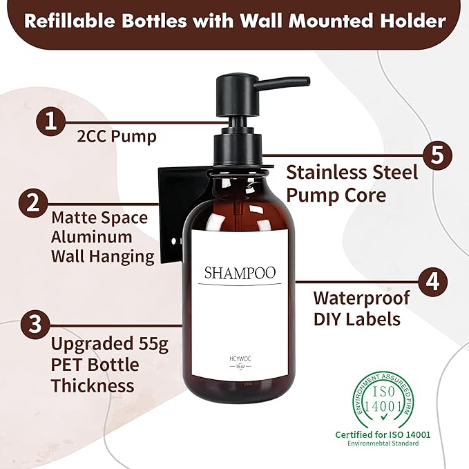 Shampoo Dispenser for Shower Wall, Shampoo and Conditioner Dispenser with 16 Waterproof Labels, No Drill Shower Soap Dispenser Bathroom, Shower Soap Dispenser Wall Mounted,17oz, 3 Pack, Amber