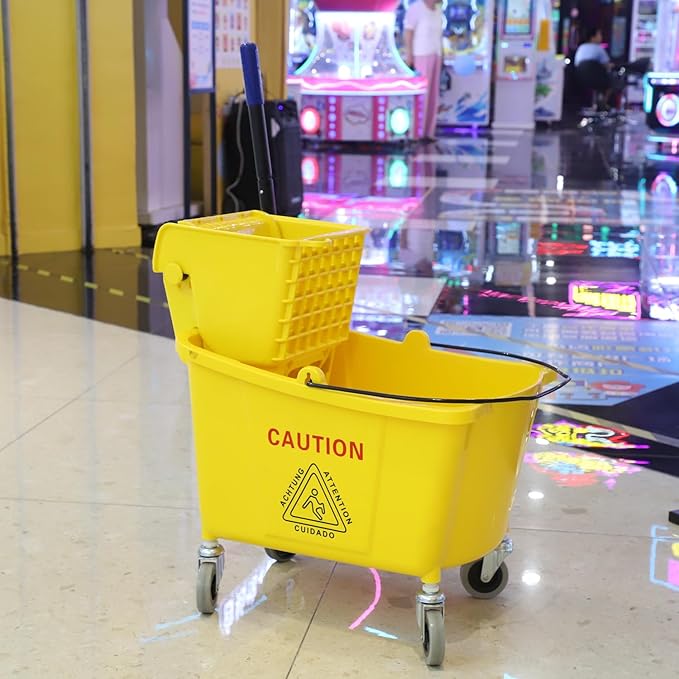 Commercial Mop Bucket with Side-Press Wringer for Floor Cleaning, 35 Quarts, Yellow, Including One Commercial Mop