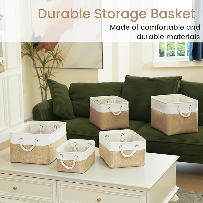 Large Storage Baskets- 15x11x10 inch Storage Bins for Shelves and Closet Organizing, Foldable Fabric Bin for Home Organization Clothes and Laundry (6-Pack, White&Khaki)