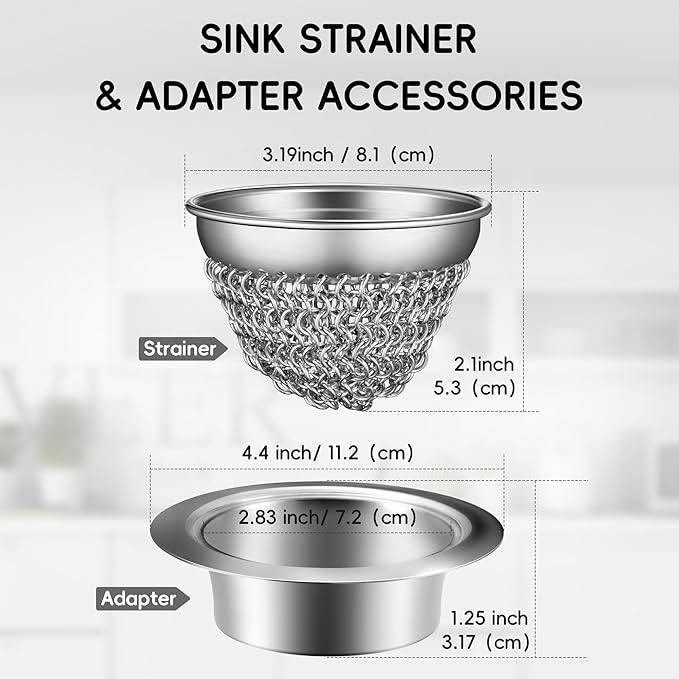 wokdada Kitchen Sink Strainer (1-Set Silver): with Adapter, Flexible Insert Chain Mesh Screen. 304 Stainless Steel, Clog-Free Catcher for Universal Sizes (Garbage Disposal)