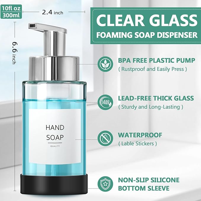 RYTOXILO Glass Soap Dispenser, 10 oz/300ml Foaming Soap Dispenser, 2 Pack Foaming Hand Dispenser with 2 Non-Slip Silicone Bottom Sleeve, Clear Refillable Foam Soap Bottle with Silver Pump