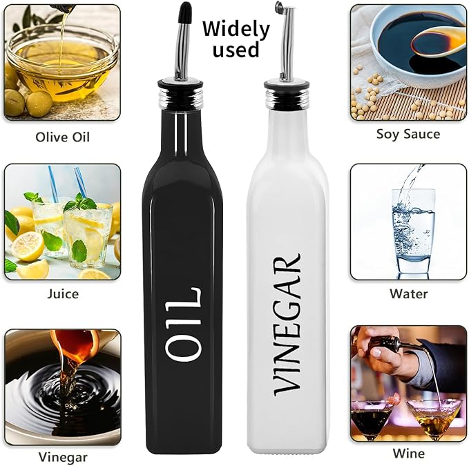 Olive Oil Dispenser Bottle,2 Pcs 17oz 500ml Glass O il and Vinegar Dispenser Set with 2 Stainless Steel Pourers, 8 Labels,Funnel Vinegar Bottles for Kitchen (Black Oil & White Vinegar)