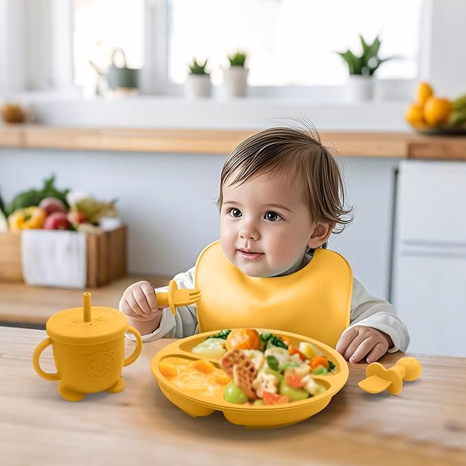 Baby Led Weaning Supplies, 17 Piece BPA-Free Silicone Feeding Set, Eating Essentials Baby Utensils with Suction Plate and Bowl, Pocket Bib