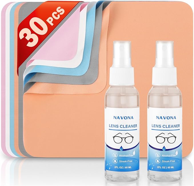 Navona 30 Pack Microfiber Glasses Cleaning Cloths with 2 Lens Cleaner Sprays, Premium Eyeglass Cleaning Cloths for Glasses, Sunglasses
